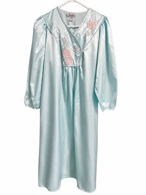 Vintage Satin Long Sleeve Nightgown with Pink Floral Embroidery - Light Aqua